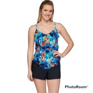 St. Tropez Bold Multi-color design Mesh 3-Tiered Tankini Swimsuit shelf bra Top